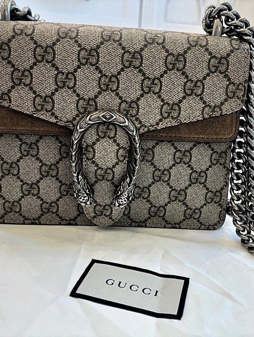 Gucci Dionysus GG Supreme Small Shoulder Bag in Brown & Beige